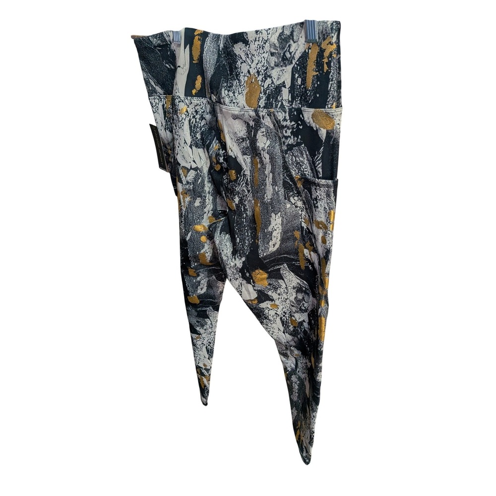 Tahari Sport Womens High Waisted Abstract Gold Foil Marble Leggings Black Gold L